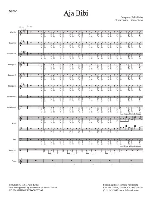 Aja Bibi score (Download) Latin jazz printed sheet music www.3-2music.com composer and arranger Felix Reina little big band instrumentation