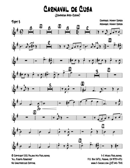 Carnaval De Cuba trumpet 3 (Download) Latin jazz printed sheet music www.3-2music.com composer and arranger Manny Cepeda big band 4-4-5 instrumentation