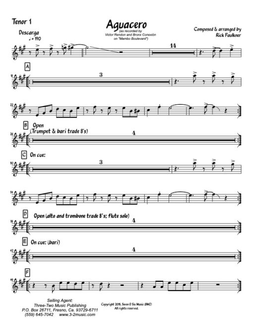 Aguacero tenor 1 (Download) Latin jazz printed sheet music composer and arranger Rick Faulkner big band 4-4-5 instrumentation CD The Bronx Connection