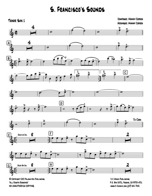 S. Francisco's Sounds tenor 1 (Download) Latin jazz printed sheet music www.3-2music.com composer and arranger Manny Cepeda big band 4-4-5 instrumentation