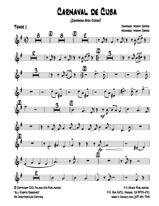 Carnaval De Cuba tenor 1 (Download) Latin jazz printed sheet music www.3-2music.com composer and arranger Manny Cepeda big band 4-4-5 instrumentation