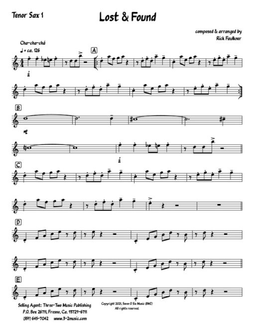 Lost and Found tenor 1 (Download) Latin jazz printed sheet music composer and arranger Rick Faulkner big band 4-4-5 instrumentation