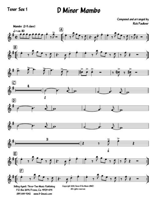 D Minor Mambo tenor 1 (Download) Latin jazz printed sheet music composer and arranger Rick Faulkner big band 4-4-5 instrumentation