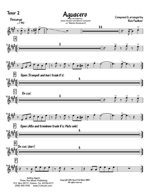Aguacero tenor 2 (Download) Latin jazz printed sheet music composer and arranger Rick Faulkner big band 4-4-5 instrumentation CD The Bronx Connection