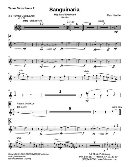 Sanguinaria (Ext) BB tenor 2 (Download) Latin jazz printed sheet music www.3-2music.com composer and arranger Dan Neville big band 4-4-5 instrumentation