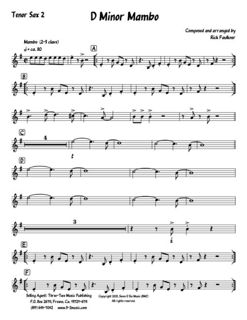 D Minor Mambo tenor 2 (Download) Latin jazz printed sheet music composer and arranger Rick Faulkner big band 4-4-5 instrumentation