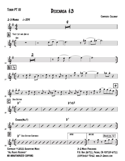 Descarga #3 tenor 3 (Download) Latin jazz printed combo sheet music www.3-2music.com composer and arranger John Calloway combo (nonet) instrumentation
