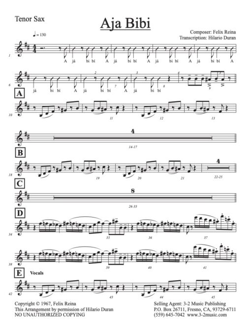 Aja Bibi tenor (Download) Latin jazz printed sheet music www.3-2music.com composer and arranger Felix Reina little big band instrumentation