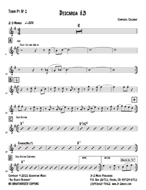 Descarga #3 tenor 4 (Download) Latin jazz printed combo sheet music www.3-2music.com composer and arranger John Calloway combo (nonet) instrumentation