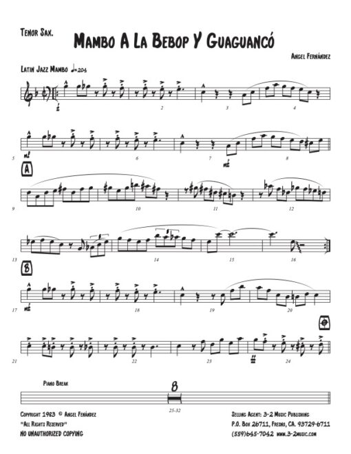 Mambo A La Bebop y Giaguancó tenor (Download) Latin jazz printed sheet music www.3-2music.com composer and arranger Angel Fernández little big band