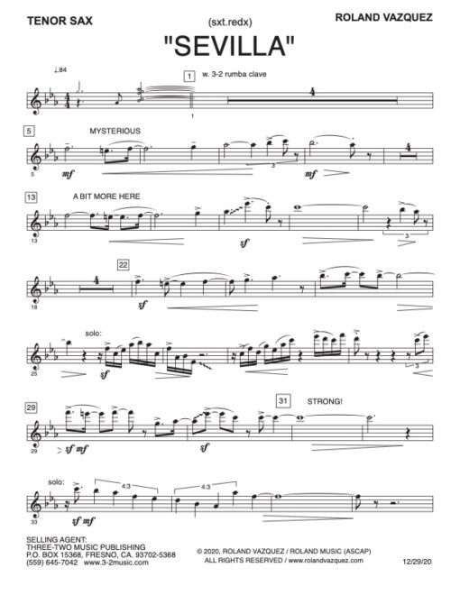 Sevilla V.1 tenor (Download) Latin jazz printed sheet music www.3-2music.com composer and arranger Roland Vazquez combo (sextet) instrumentation