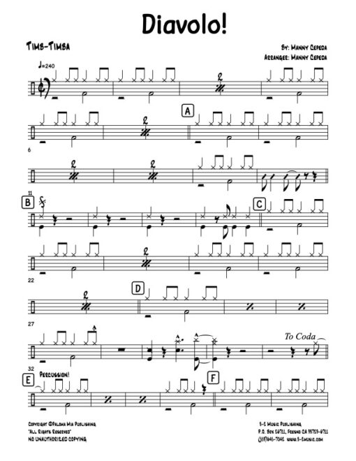 Diavolo timbales (Download) Latin jazz printed sheet music www.3-2music.com composer and arranger Manny Cepeda big band 4-4-5 instrumentation