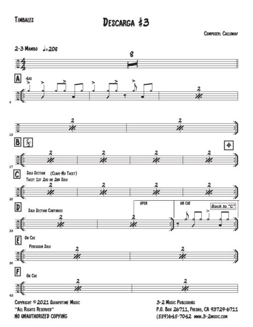 Descarga #3 timbales (Download) Latin jazz printed combo sheet music www.3-2music.com composer and arranger John Calloway combo (nonet) instrumentation