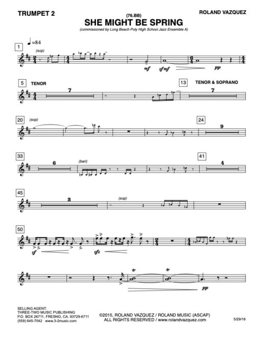 She Might Be Spring trumpet 2 (Download) Latin jazz printed sheet music www.3-2music.com composer Roland Vazquez big band 4-4-5 instrumentation