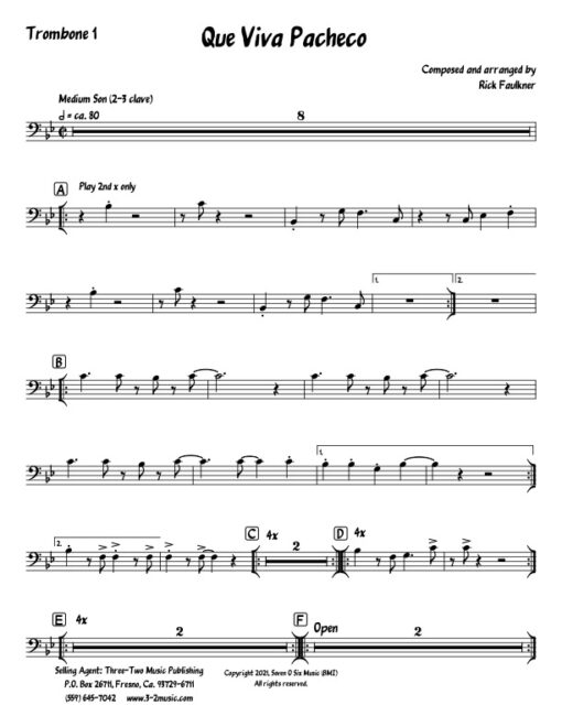 Que Viva Pacheco trombone 1 (Download) Latin jazz printed sheet music composer and arranger Rick Faulkner big band 4-4-5 instrumentation