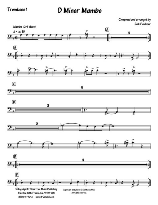D Minor Mambo trombone 1 (Download) Latin jazz printed sheet music composer and arranger Rick Faulkner big band 4-4-5 instrumentation