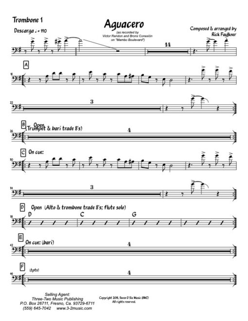 Aguacero trombone 1 (Download) Latin jazz printed sheet music composer and arranger Rick Faulkner big band 4-4-5 instrumentation CD The Bronx Connection