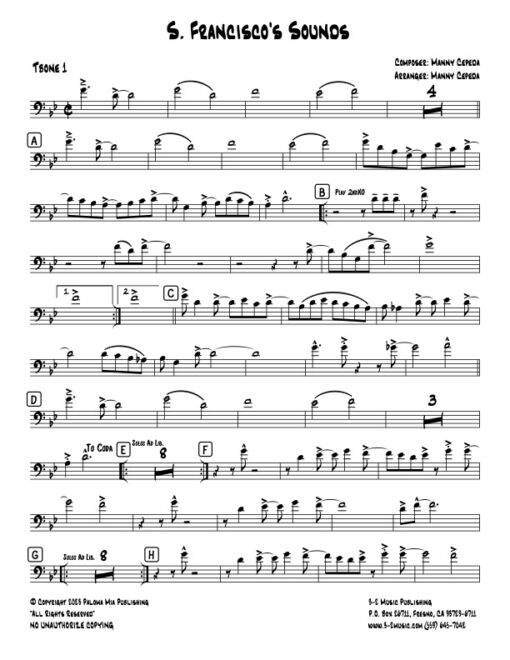 S. Francisco's Sounds trombone 1 (Download) Latin jazz printed sheet music www.3-2music.com composer and arranger Manny Cepeda big band 4-4-5