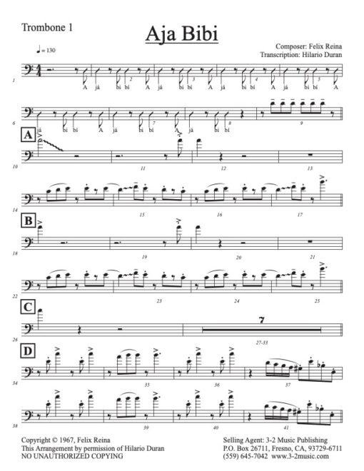 Aja Bibi trombone 1 (Download) Latin jazz printed sheet music www.3-2music.com composer and arranger Felix Reina little big band instrumentation