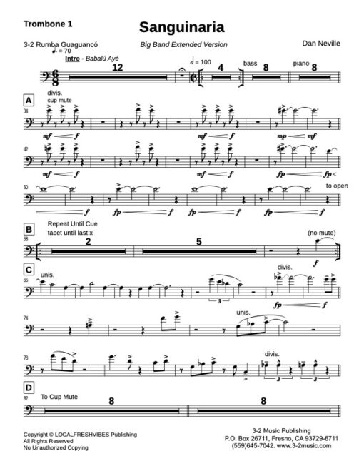 Sanguinaria (Ext) BB trombone 1 (Download) Latin jazz printed sheet music www.3-2music.com composer and arranger Dan Neville big band 4-4-5 instrumentation