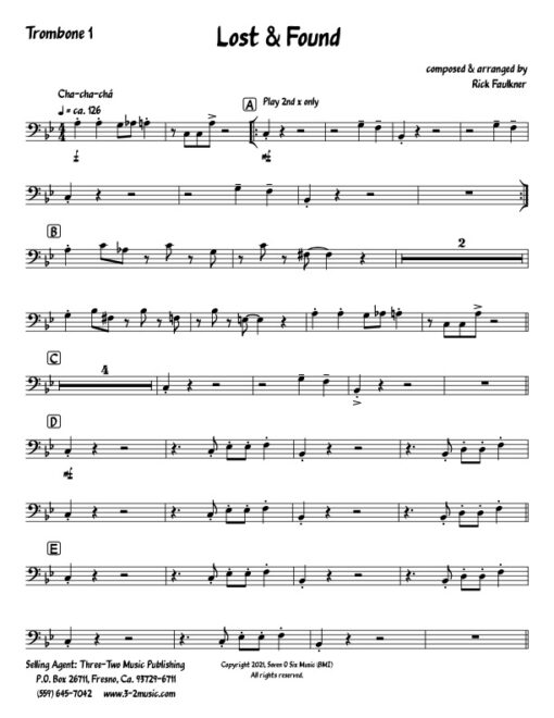 Lost and Found trombone 1 (Download) Latin jazz printed sheet music composer and arranger Rick Faulkner big band 4-4-5 instrumentation