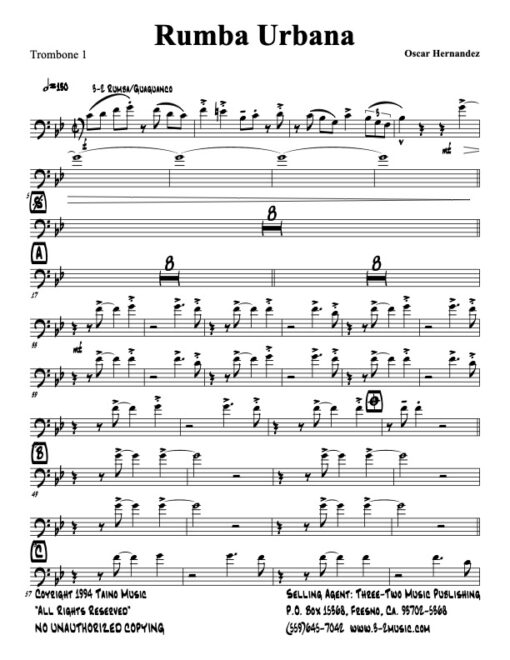 Rumba Urbana V.3 trombone 1 (Download) Latin jazz printed sheet music www.3-2music.com composer and arranger Oscar Hernández big band 4-4-5 instrumentation
