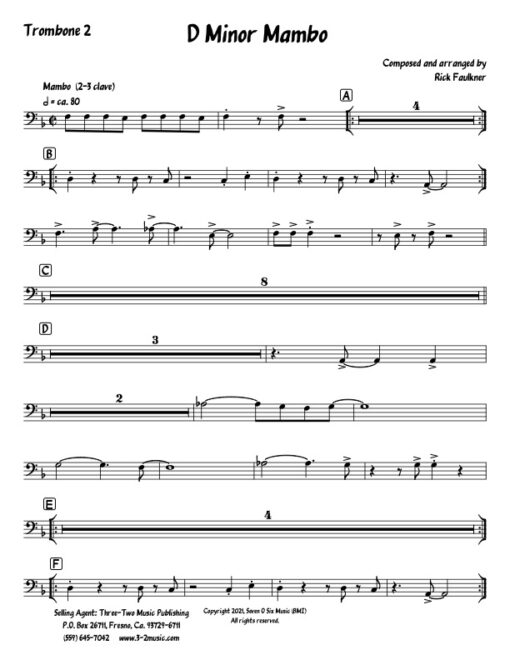 D Minor Mambo trombone 2 (Download) Latin jazz printed sheet music composer and arranger Rick Faulkner big band 4-4-5 instrumentation
