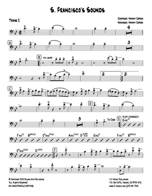 S. Francisco's Sounds trombone 2 (Download) Latin jazz printed sheet music www.3-2music.com composer and arranger Manny Cepeda big band 4-4-5 instrumentation