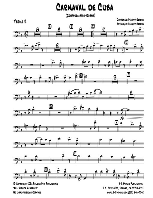 Carnaval De Cuba trombone 2 (Download) Latin jazz printed sheet music www.3-2music.com composer and arranger Manny Cepeda big band 4-4-5 instrumentation
