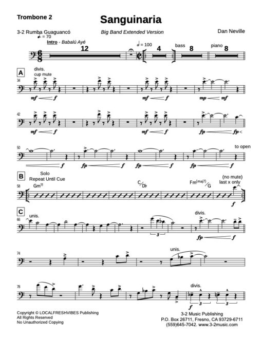 Sanguinaria (Ext) BB trombone 2 (Download) Latin jazz printed sheet music www.3-2music.com composer and arranger Dan Neville big band 4-4-5 instrumentation