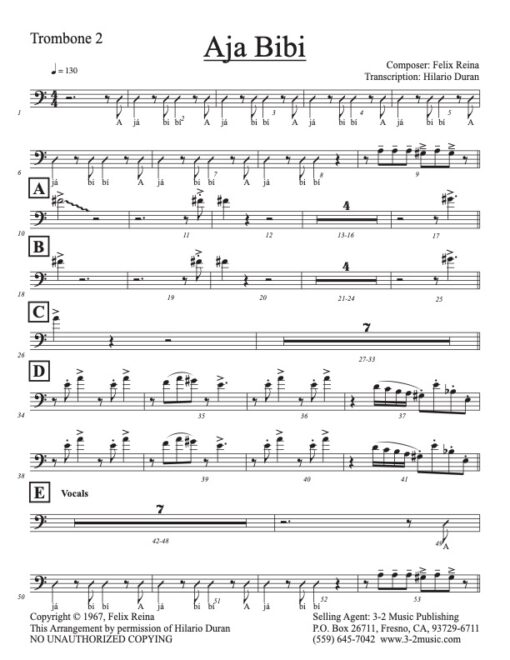 Aja Bibi trombone 2 (Download) Latin jazz printed sheet music www.3-2music.com composer and arranger Felix Reina little big band instrumentation