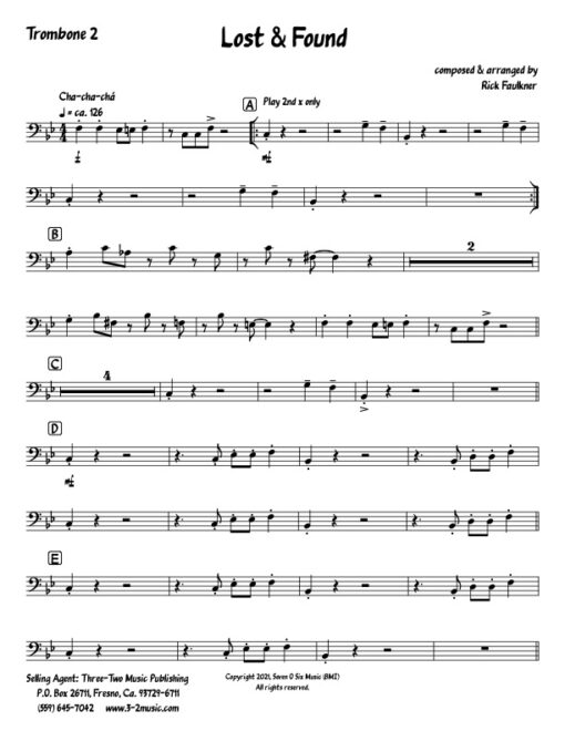 Lost and Found trombone 2 (Download) Latin jazz printed sheet music composer and arranger Rick Faulkner big band 4-4-5 instrumentation