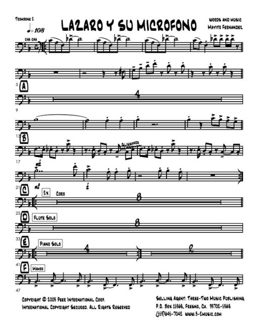 Lazaro y Su Microfono trombone 2 (Download) Latin jazz printed sheet music www.3-2music.com composer and arranger Eddie Palmieri combo (decet)