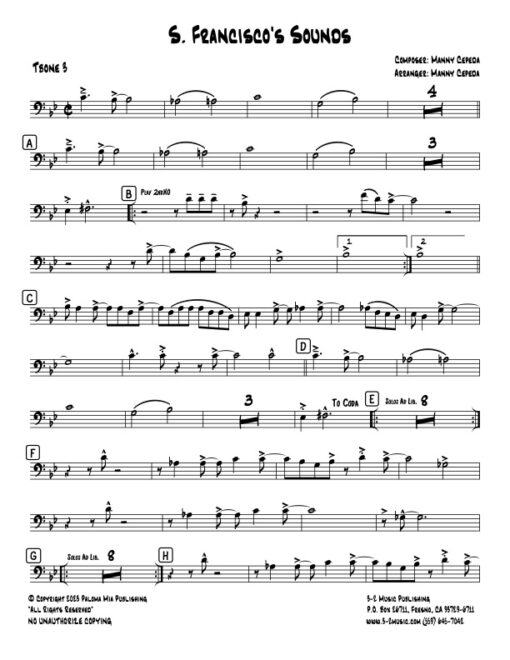 S. Francisco's Sounds trombone 3 (Download) Latin jazz printed sheet music www.3-2music.com composer and arranger Manny Cepeda big band 4-4-5