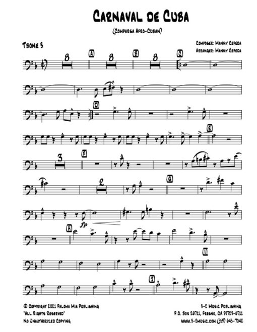 Carnaval De Cuba trombone 3 (Download) Latin jazz printed sheet music www.3-2music.com composer and arranger Manny Cepeda big band 4-4-5 instrumentation