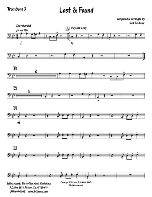 Lost and Found trombone 3 (Download) Latin jazz printed sheet music composer and arranger Rick Faulkner big band 4-4-5 instrumentation