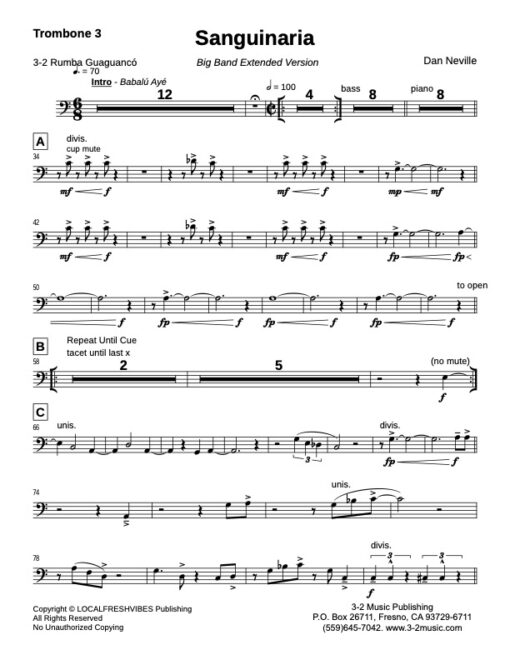 Sanguinaria (Ext) BB trombone 3 (Download) Latin jazz printed sheet music www.3-2music.com composer and arranger Dan Neville big band 4-4-5 instrumentation