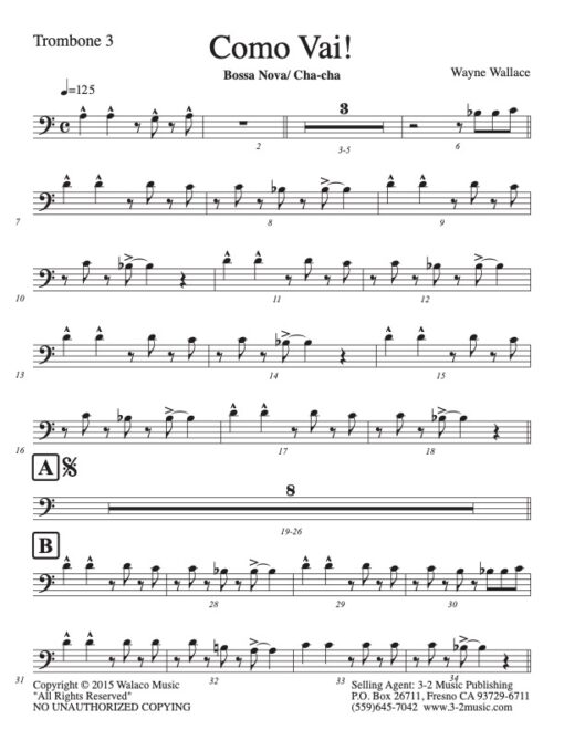 Como Vai trombone 3 (Download) Latin jazz printed sheet music www.3-2music.com composer and arranger Wayne Wallace big band (4-4-5) instrumentation