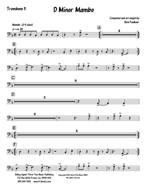 D Minor Mambo trombone 3 (Download) Latin jazz printed sheet music composer and arranger Rick Faulkner big band 4-4-5 instrumentation