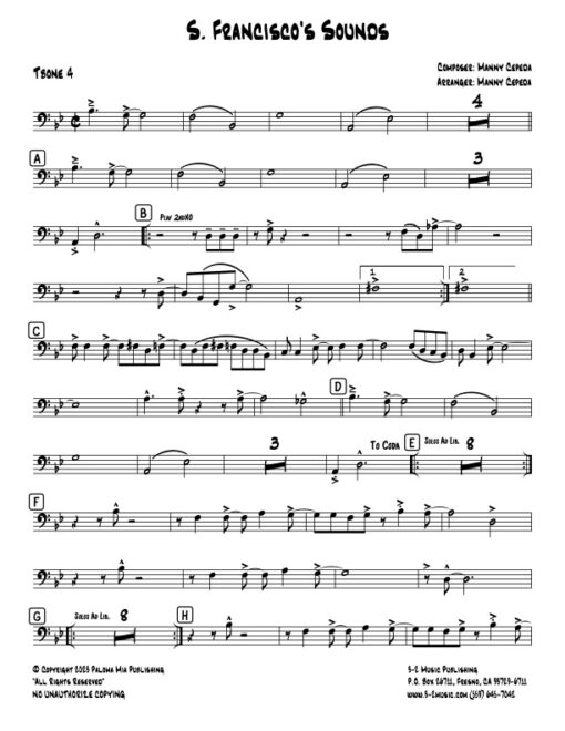 S. Francisco's Sounds trombone 4 (Download) Latin jazz printed sheet music www.3-2music.com composer and arranger Manny Cepeda big band 4-4-5