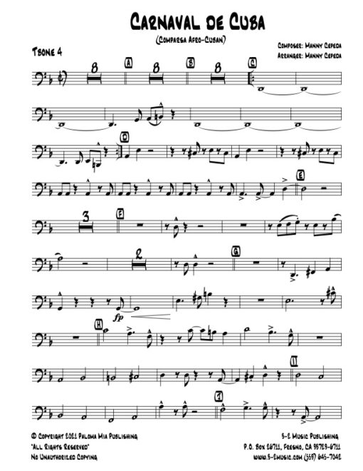 Carnaval De Cuba trombone 4 (Download) Latin jazz printed sheet music www.3-2music.com composer and arranger Manny Cepeda big band 4-4-5 instrumentation