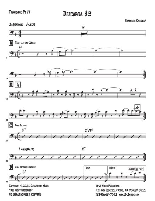 Descarga #3 trombone 4 (Download) Latin jazz printed combo sheet music www.3-2music.com composer and arranger John Calloway combo (nonet) instrumentation