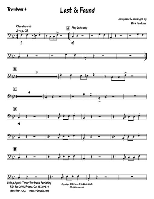 Lost and Found trombone 4 (Download) Latin jazz printed sheet music composer and arranger Rick Faulkner big band 4-4-5 instrumentation