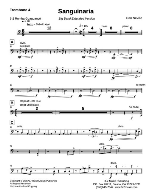 Sanguinaria (Ext) BB trombone 4 (Download) Latin jazz printed sheet music www.3-2music.com composer and arranger Dan Neville big band 4-4-5 instrumentation