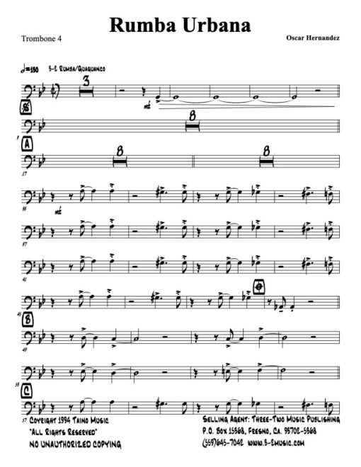 Rumba Urbana V.3 trombone 4 (Download) Latin jazz printed sheet music www.3-2music.com composer and arranger Oscar Hernández big band 4-4-5 instrumentation