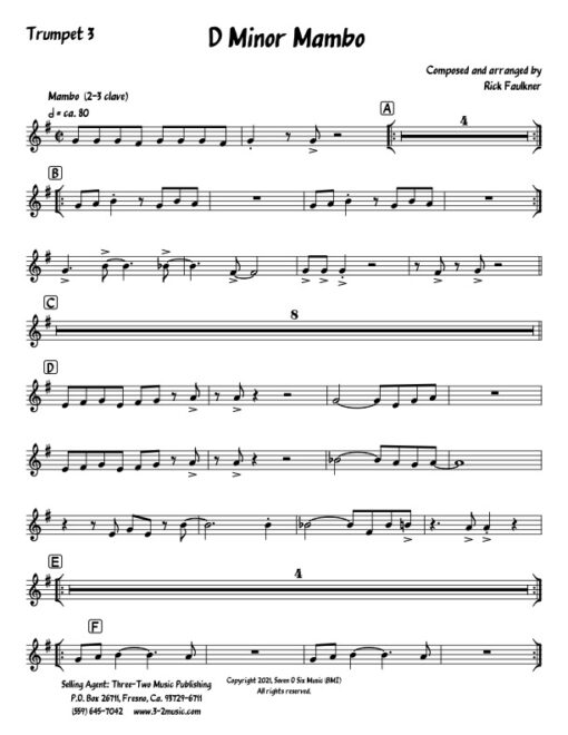D Minor Mambo trumpet 3 (Download) Latin jazz printed sheet music composer and arranger Rick Faulkner big band 4-4-5 instrumentation