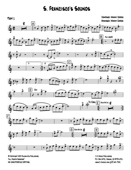 S. Francisco's Sounds trumpet 1 (Download) Latin jazz printed sheet music www.3-2music.com composer and arranger Manny Cepeda big band 4-4-5