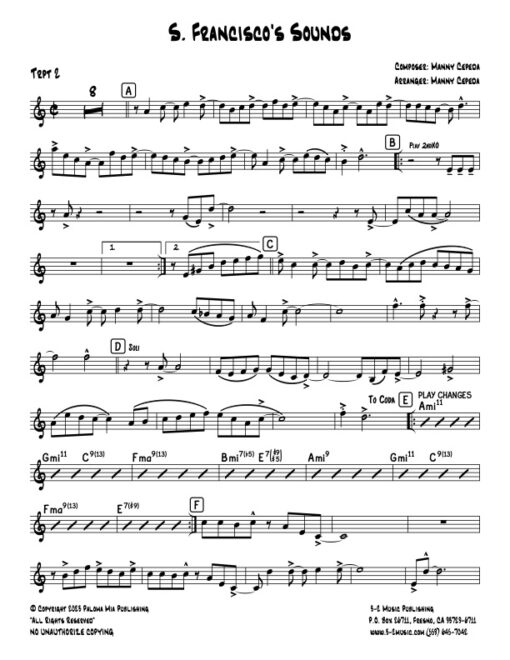 S. Francisco's Sounds trumpet 2 (Download) Latin jazz printed sheet music www.3-2music.com composer and arranger Manny Cepeda big band 4-4-5