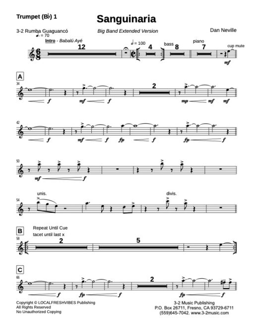 Sanguinaria (Ext) BB trumpet 1 (Download) Latin jazz printed sheet music www.3-2music.com composer and arranger Dan Neville big band 4-4-5 instrumentation