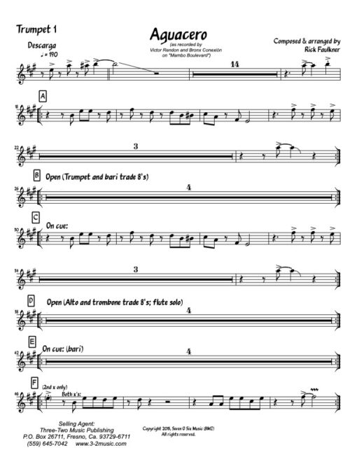 Aguacero trumpet 1 (Download) Latin jazz printed sheet music composer and arranger Rick Faulkner big band 4-4-5 instrumentation CD The Bronx Connection